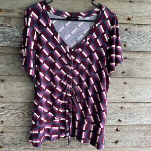 Lane Bryant Women's Geometric Print Top Size 14/16 Short Sleeve Ruched Front